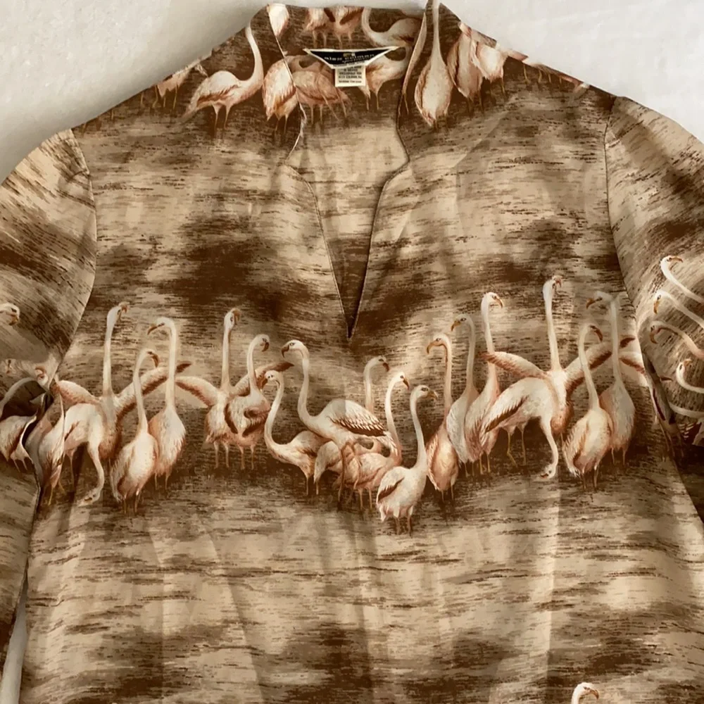 {VTG} Alex Colman Sportswear | 70s Flamingo Print Lightweight LS Pullover Blouse - Picture 5 of 16
